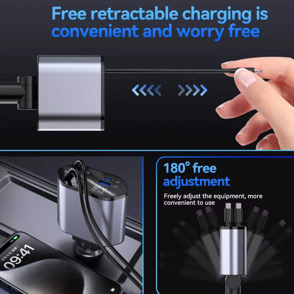 Trendy Super Fast Charger Mini Metal Digital 4 in 1 Car Charger 66W USB+PD Fast Charge Car Charging Adapter Compatible