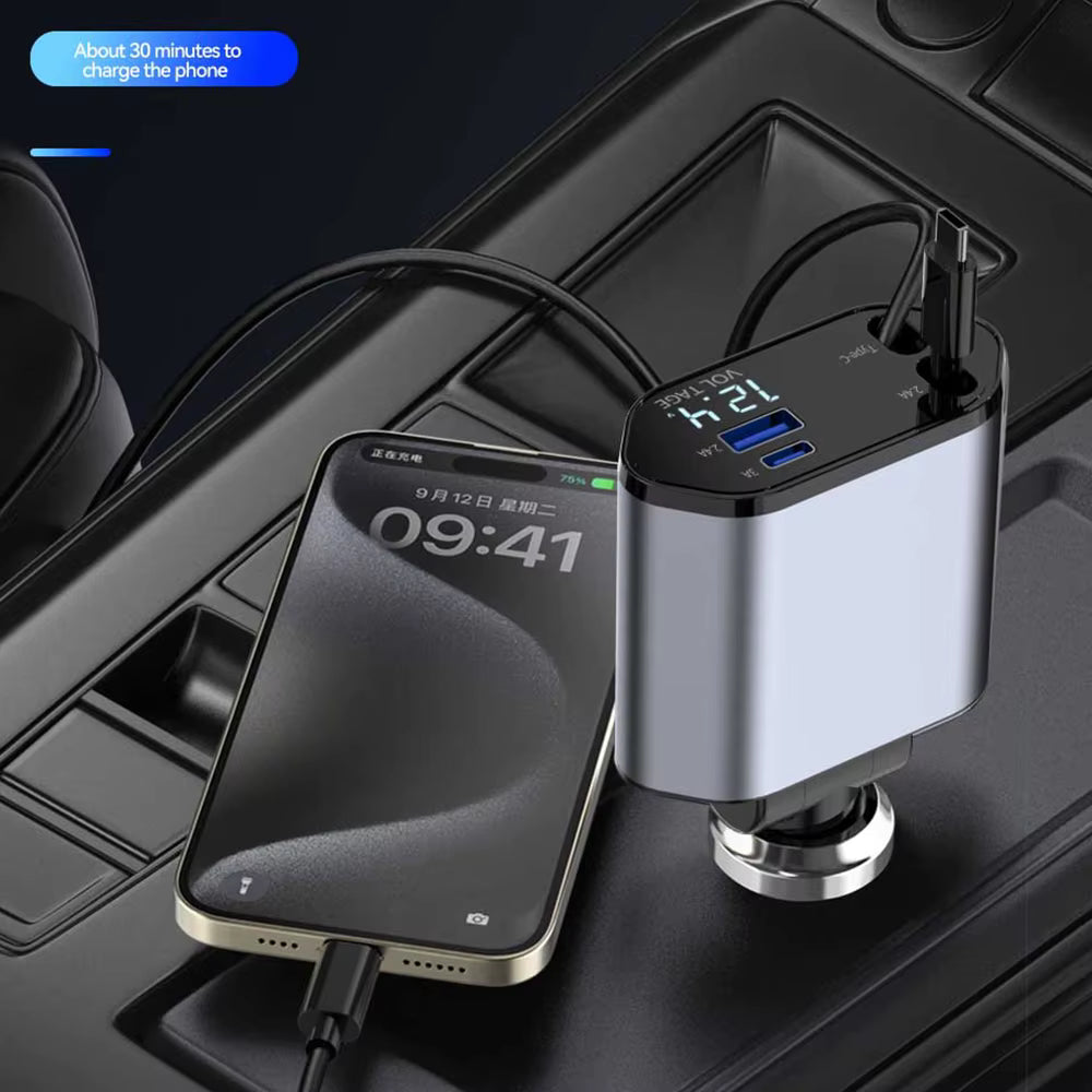 Trendy Super Fast Charger Mini Metal Digital 4 in 1 Car Charger 66W USB+PD Fast Charge Car Charging Adapter Compatible
