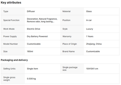 Portable Rechargeable Smart Car Air Freshener Diffuser Luxury 160ml Glass Perfume  Refillable Bottle Car Diffuser