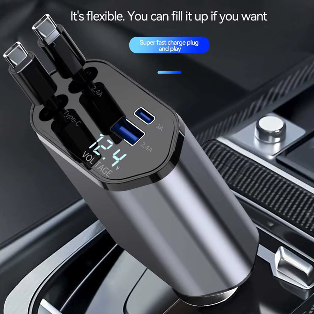 Trendy Super Fast Charger Mini Metal Digital 4 in 1 Car Charger 66W USB+PD Fast Charge Car Charging Adapter Compatible
