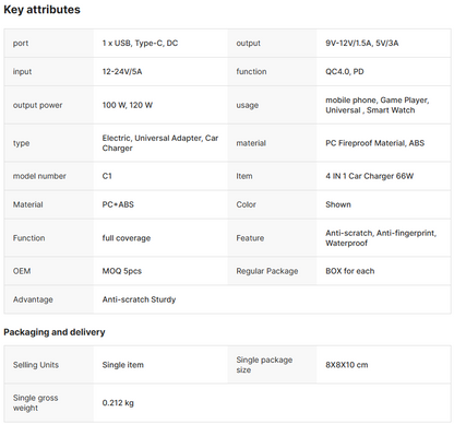Trendy Super Fast Charger Mini Metal Digital 4 in 1 Car Charger 66W USB+PD Fast Charge Car Charging Adapter Compatible
